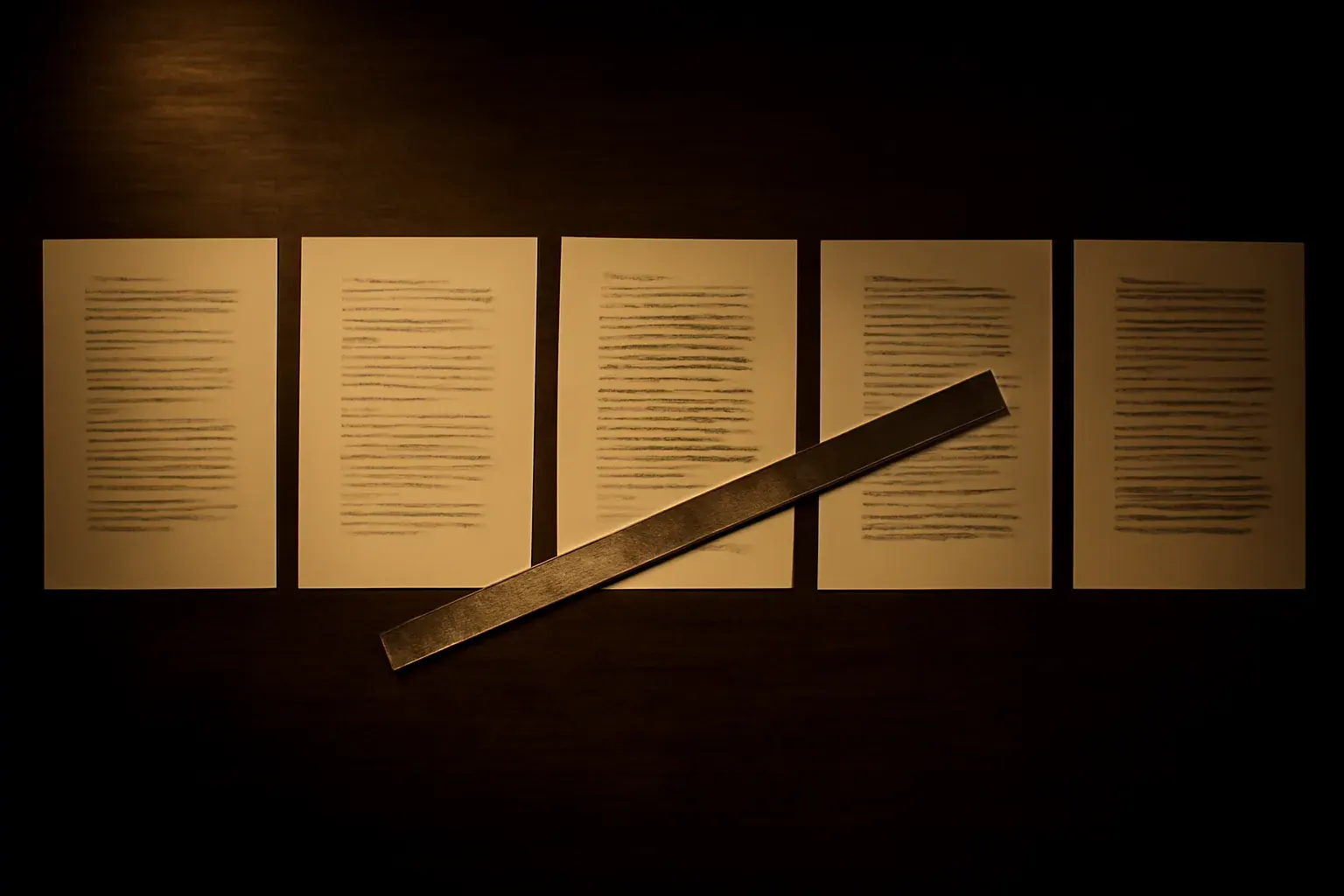 A row of five manuscript pages showing progressive editing marks, laid out on a lamplit desk and duotoned in ink-black and amber, representing the five-stage Stoop Method.