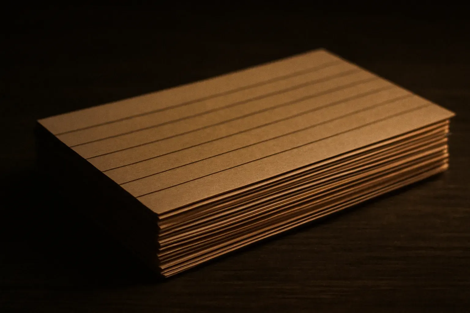 Macro photograph of fanned, ruled index cards in warm ink-black and amber duotone, used as the header backdrop for the packages index page.